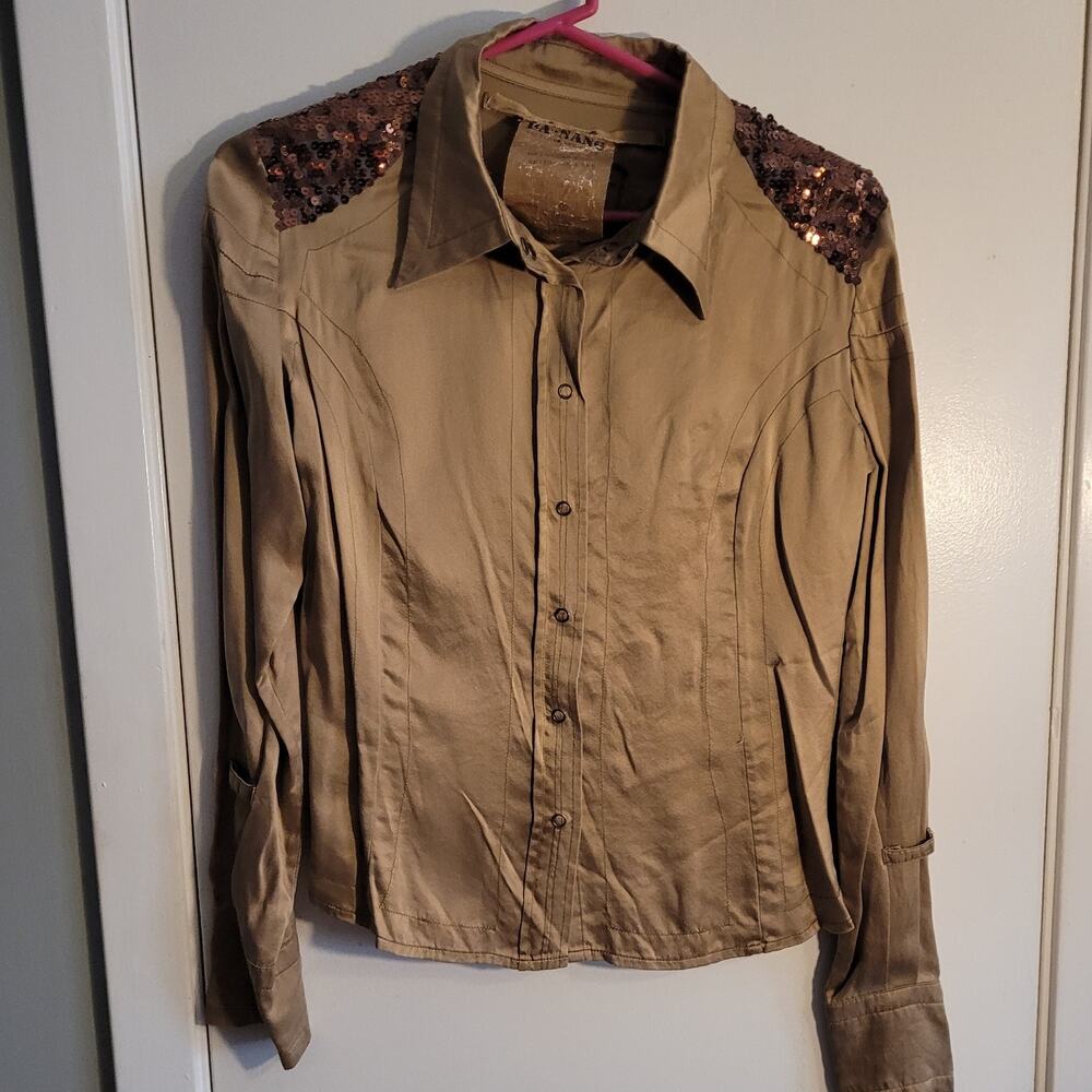 Vintage Da Nang Silk Blouse XS Bronze Sequin Shoulder Y2K Boho Statement Top